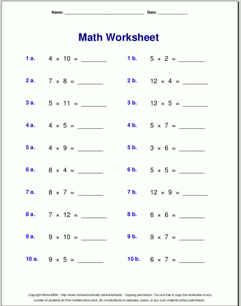 Printable Multiplication Worksheets Grade 3 Pdf Free