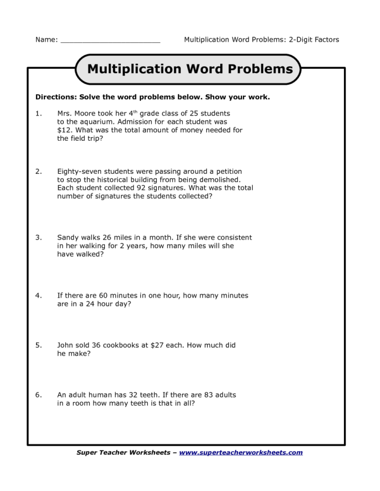 Multiplication Worksheets Grade 4 Word Problems