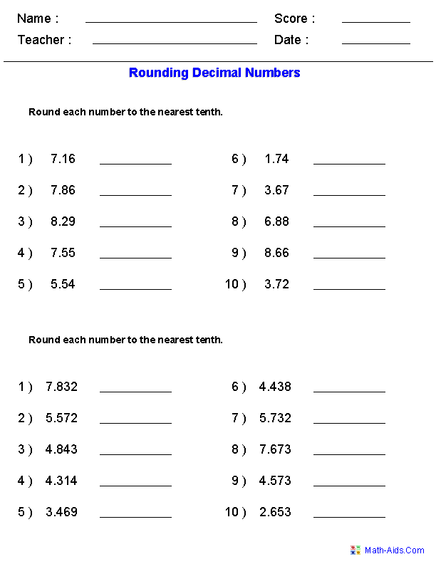 Decimals Worksheets