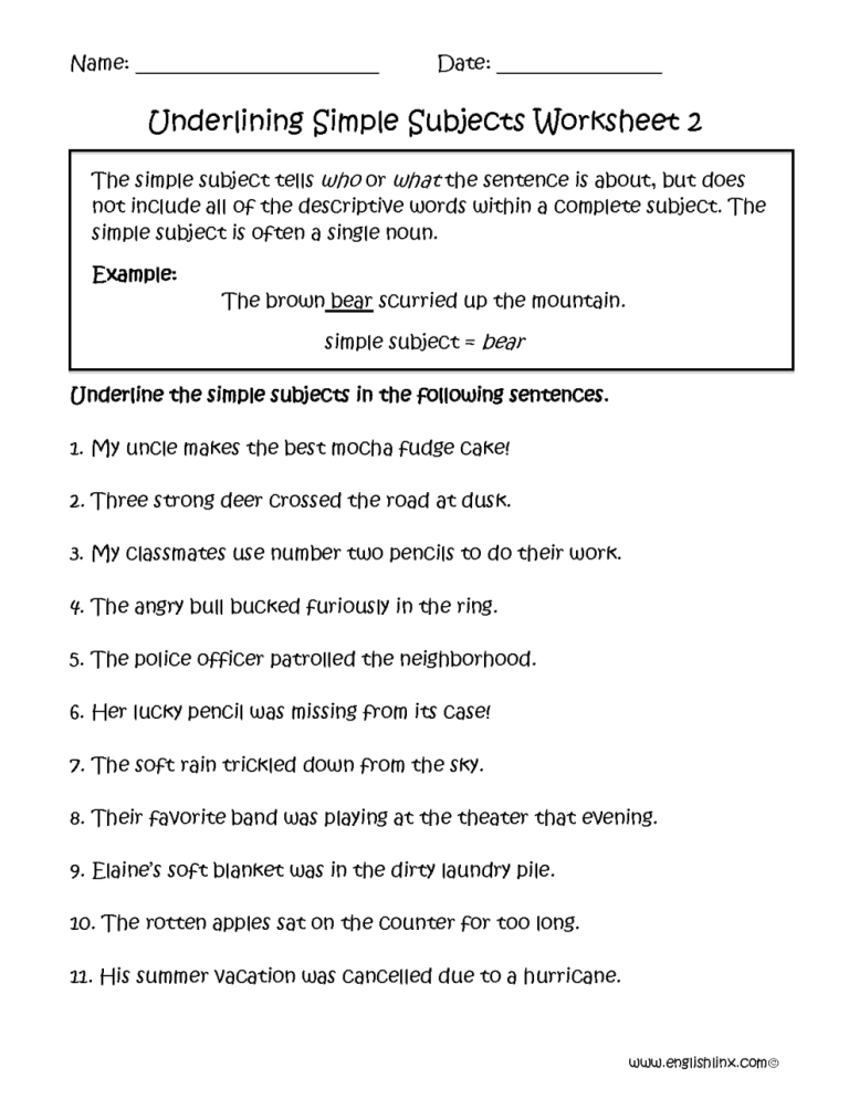 Subject Predicate Worksheet 7th Grade