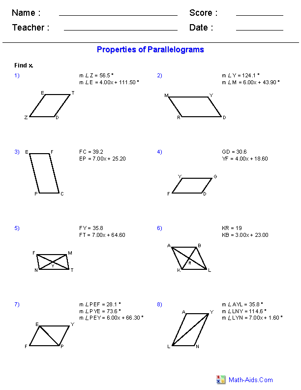 Special Parallelograms Worksheet Answers