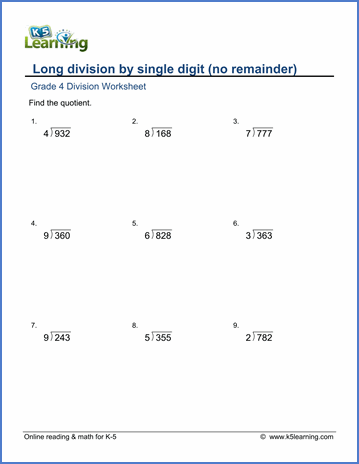 4th Grade Long Division Problems No Remainders