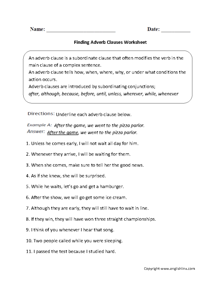 10th Grade Adverb Clause Worksheet