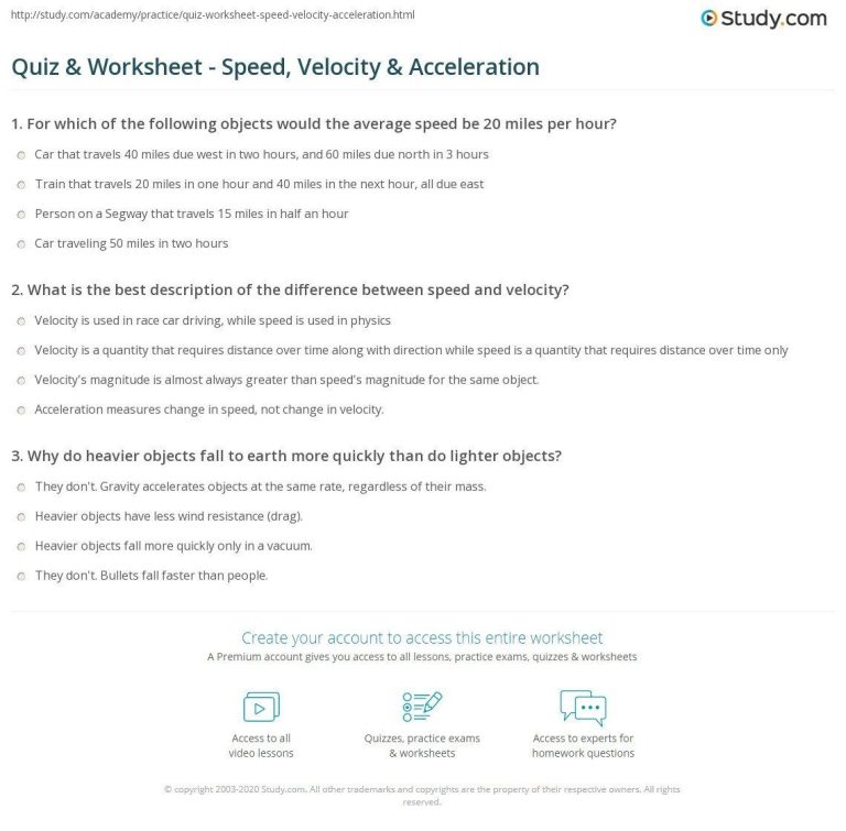 Speed Velocity And Acceleration Worksheet With Answers