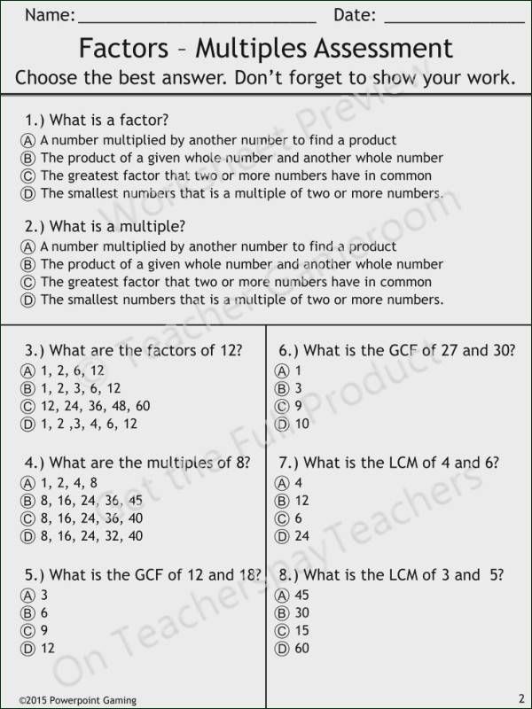 Factors And Multiples Worksheet Grade 7