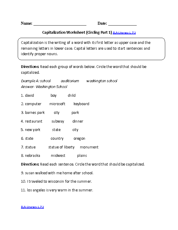 English Sheets For Grade 7