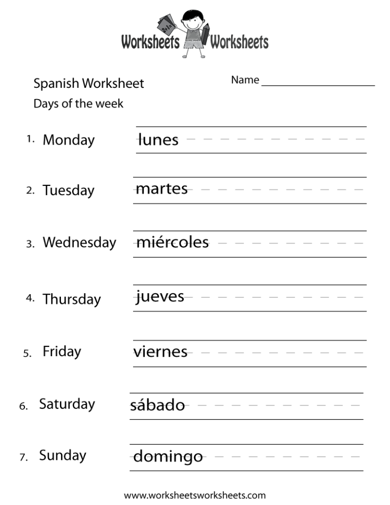 Free Printable Spanish Worksheets Days Of The Week