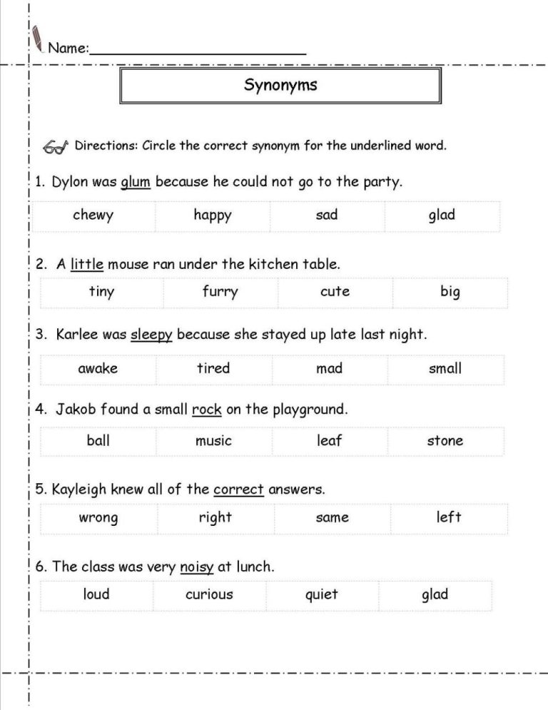 5th Grade Synonyms Worksheet For Grade 3