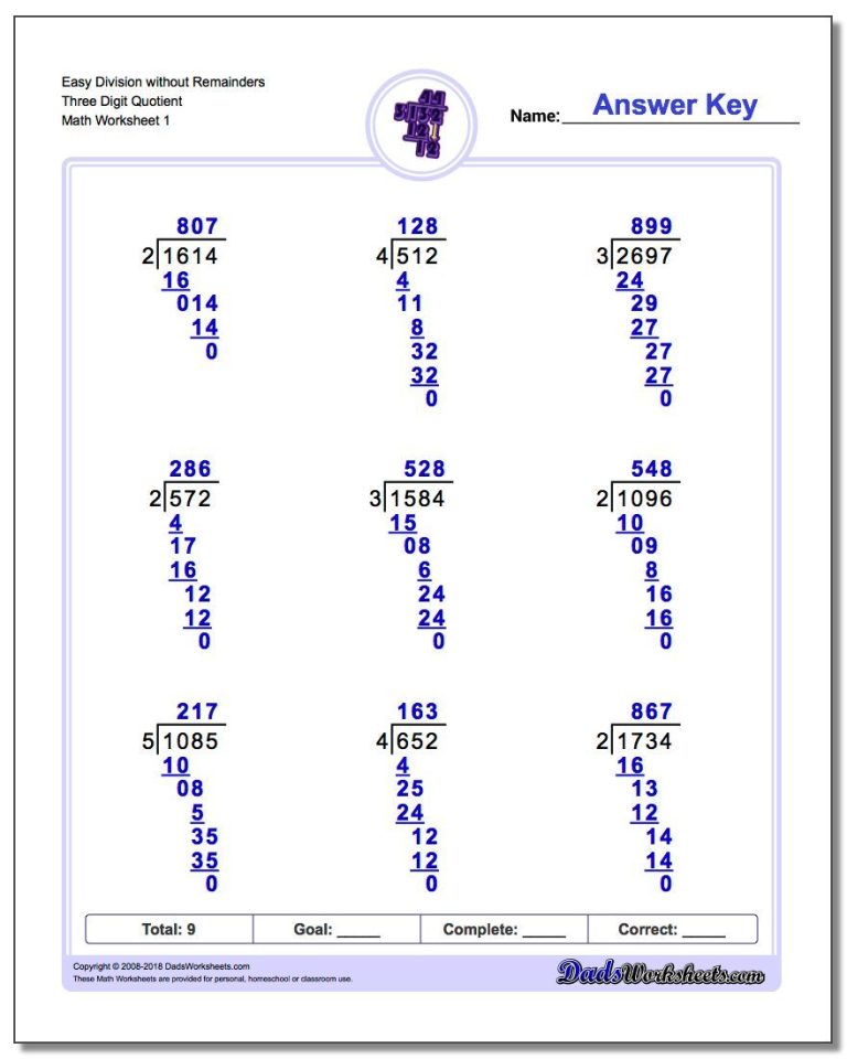 Easy Long Division Worksheets With Answers