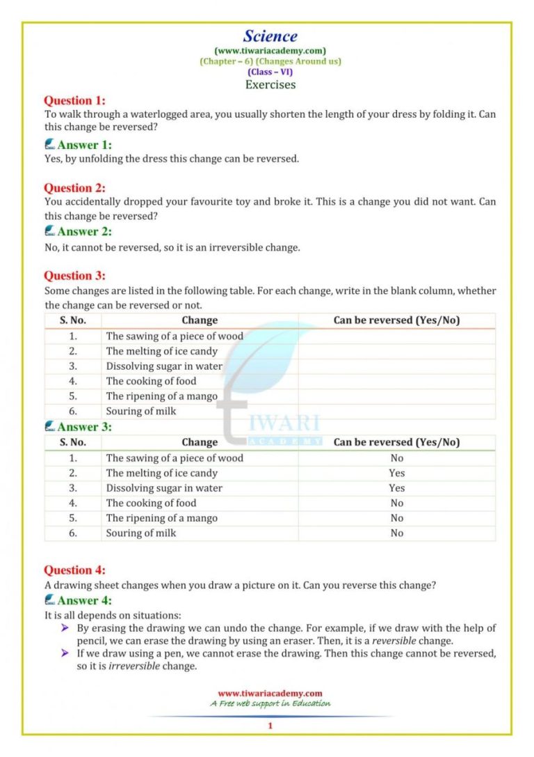 Sixth Grade Science Class 6 Science Chapter 1 Worksheet