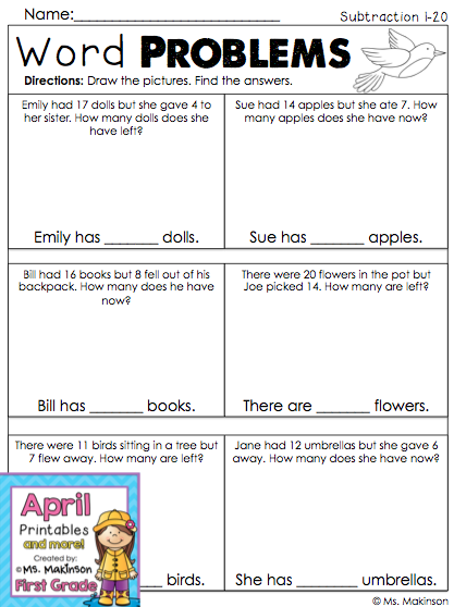 Subtraction Word Problems 1st Grade Printable