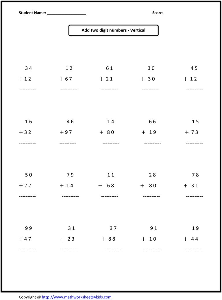 Second Grade Addition And Subtraction Worksheets For Grade 2