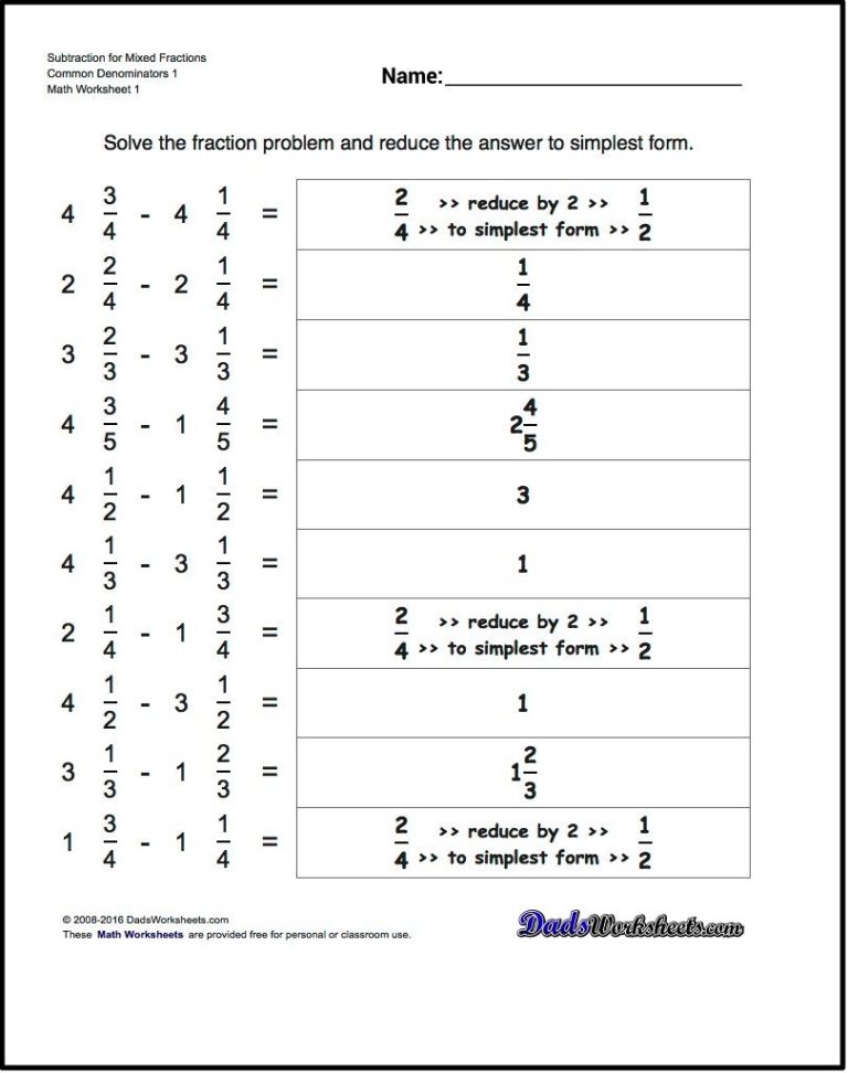 Subtracting Fractions Worksheets With Answers