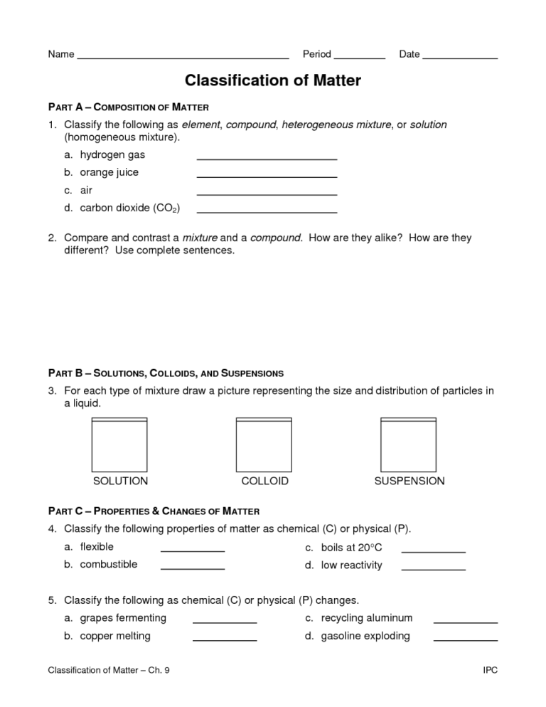 Classifying Matter Worksheet 5th Grade