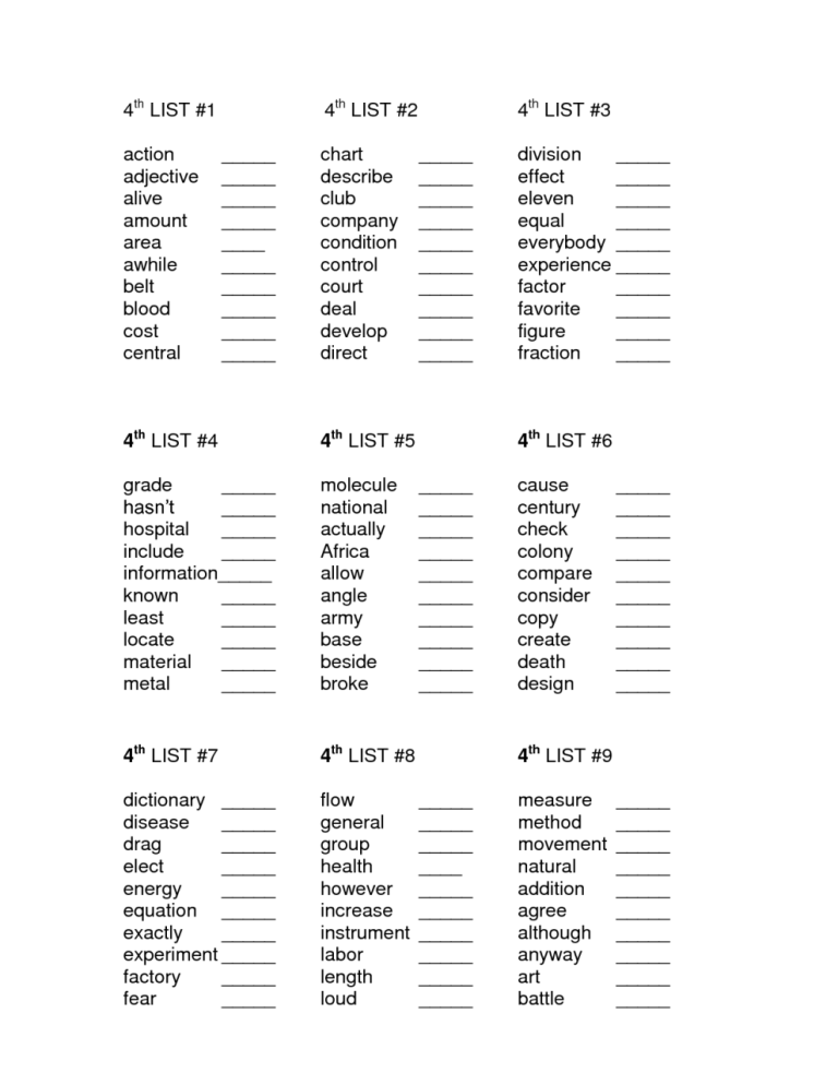 4th Grade Spelling Grade 4 Worksheets