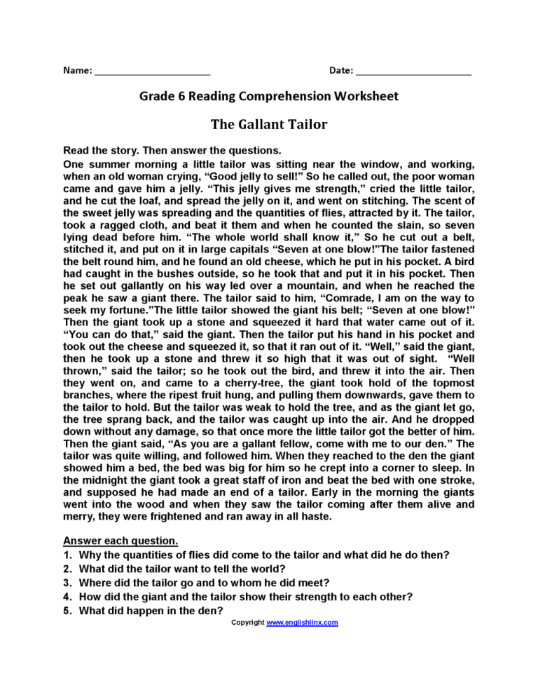 Comprehension For Class 6 In English