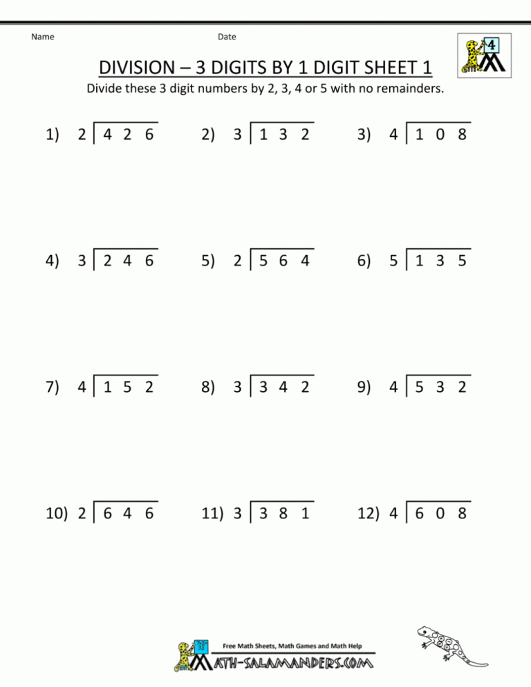 4th Grade Division Problems Worksheet