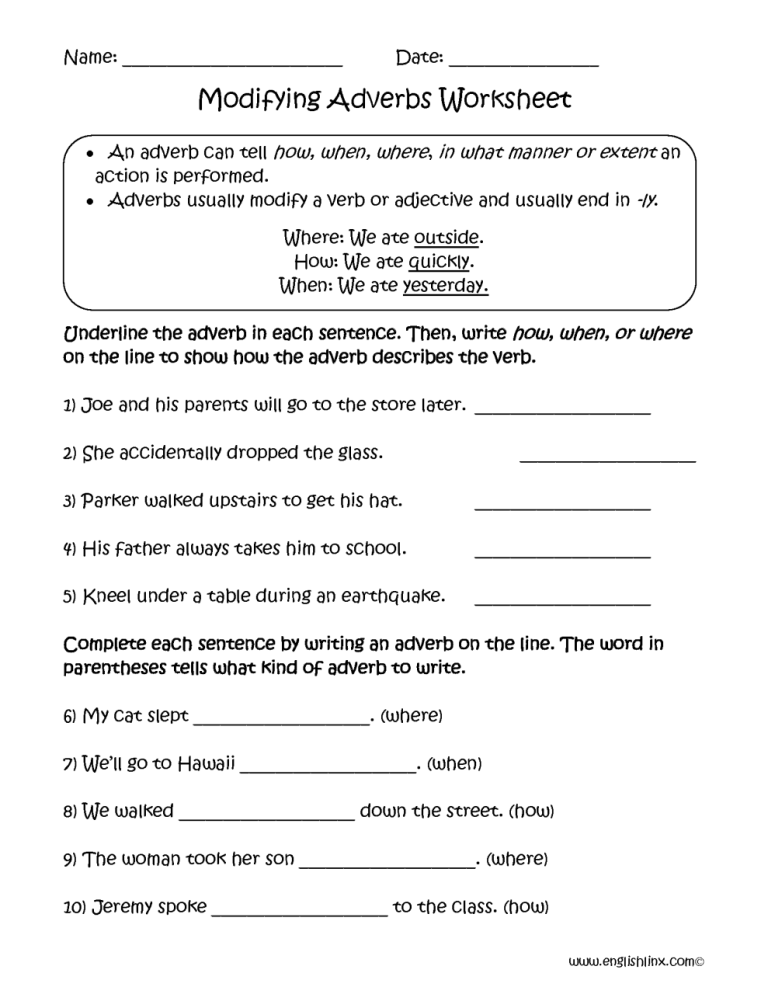 Adverbs Worksheet With Answers For Grade 8