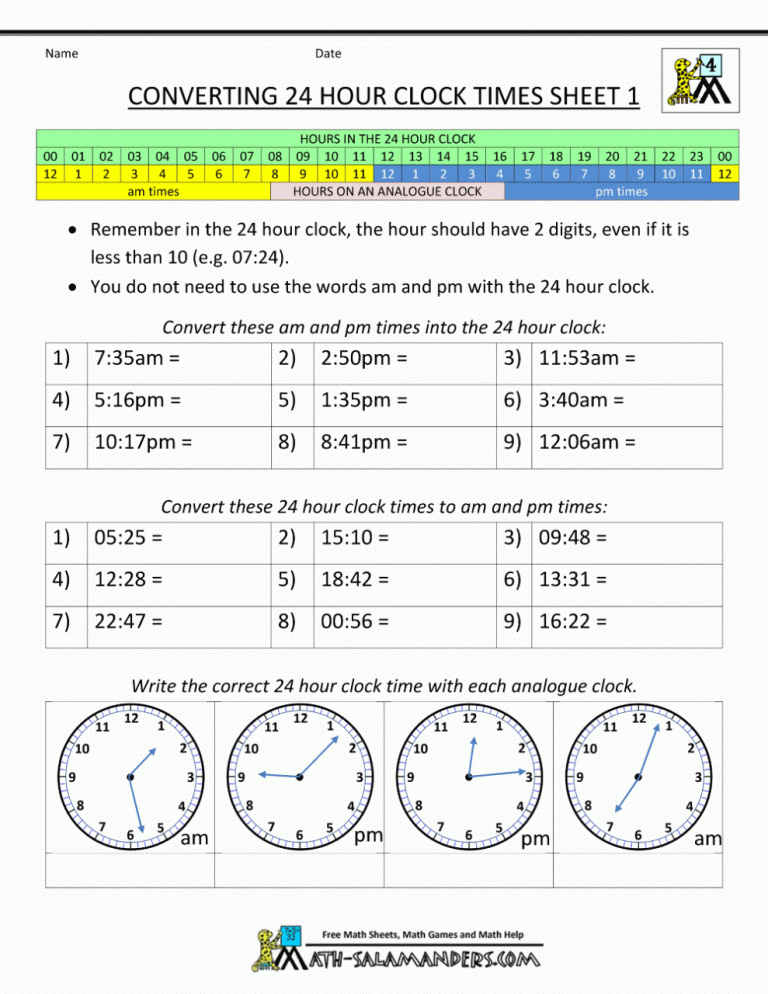 24 Hour Time Worksheets Grade 5