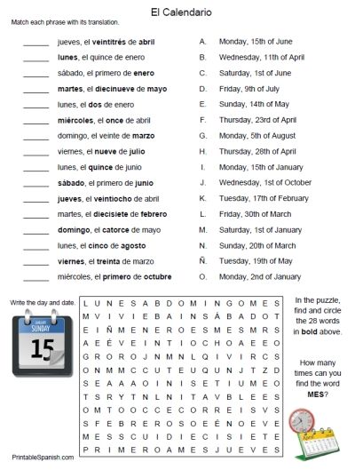 Spanish Days Of The Week And Months Worksheet