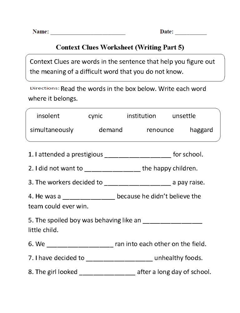 Context Clues Worksheets With Answers Grade 8