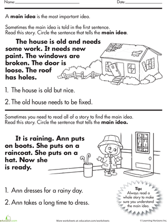 Main Idea And Supporting Details Worksheets 1st Grade