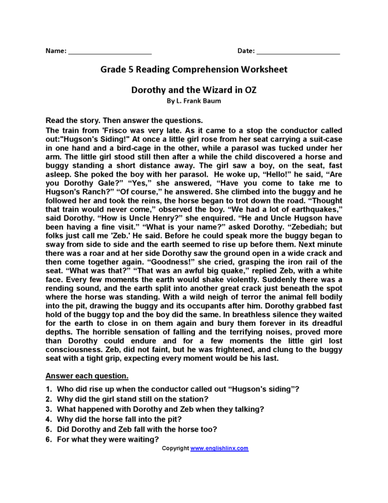 Comprehension Worksheets For Grade 6 With Questions And Answers