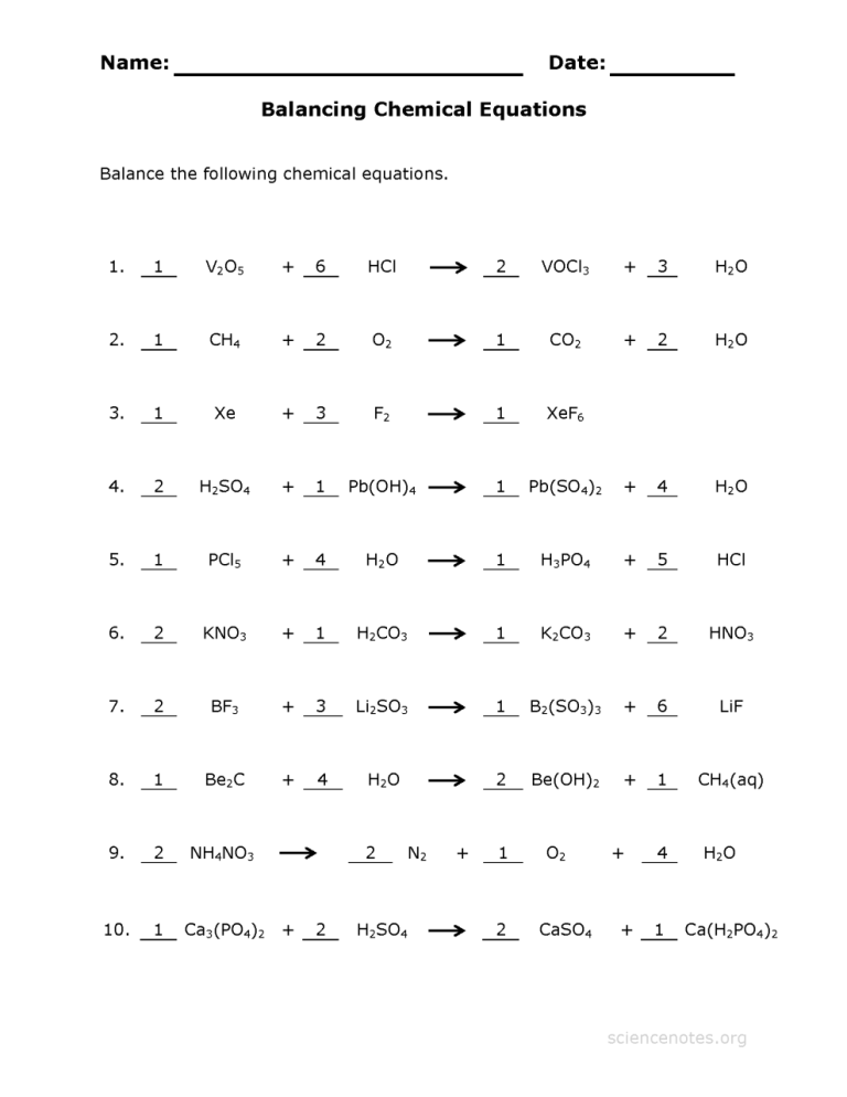 Balancing Chemical Equations Worksheet 1