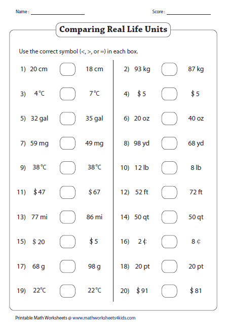 Comparison Worksheet For Grade 1