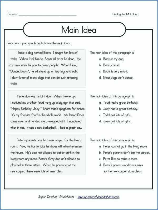 Main Idea And Supporting Details Worksheets 5th Grade