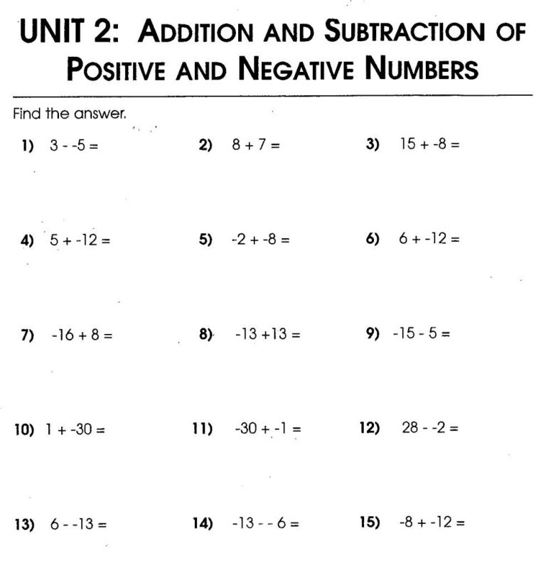 Grade Adding And Subtracting Negative Numbers Worksheets