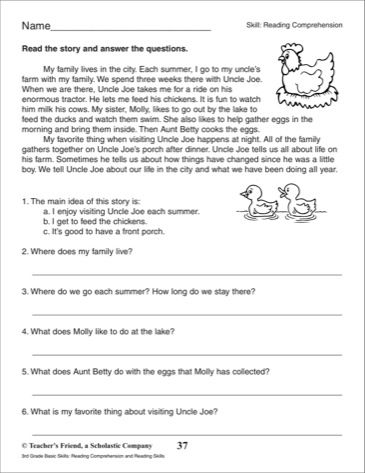 Grade 4 English Worksheets Comprehension