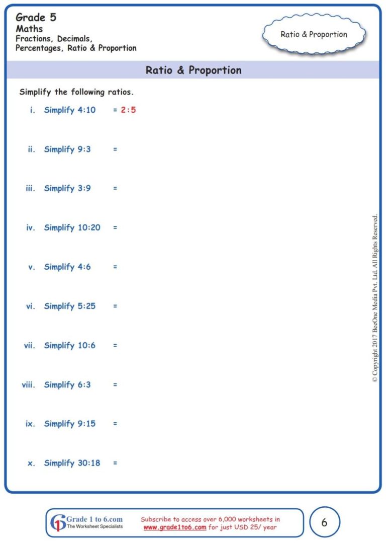 Grade 6 Math Worksheets Ratios