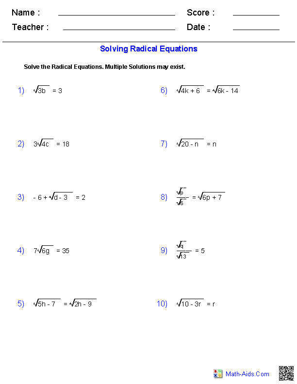 Simplifying Radical Equations Worksheet