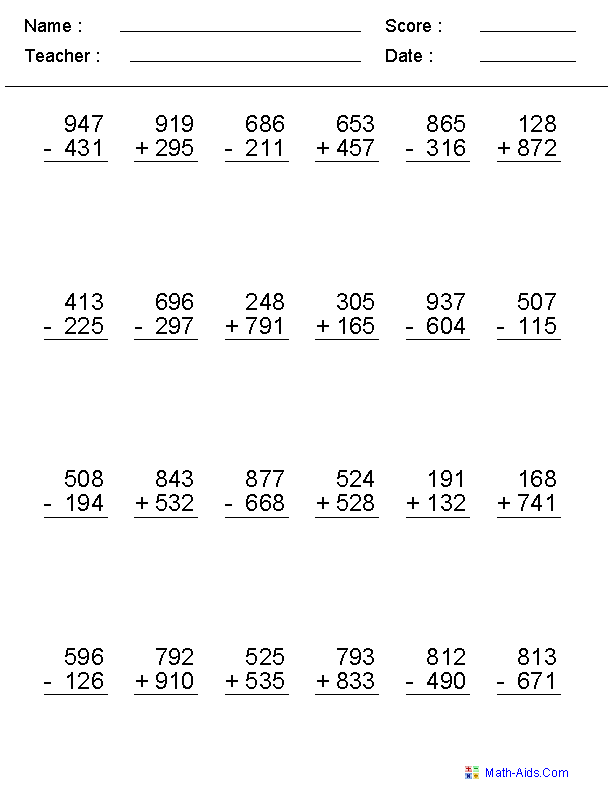 3 Digit Subtraction With Regrouping Across Zeros Worksheets