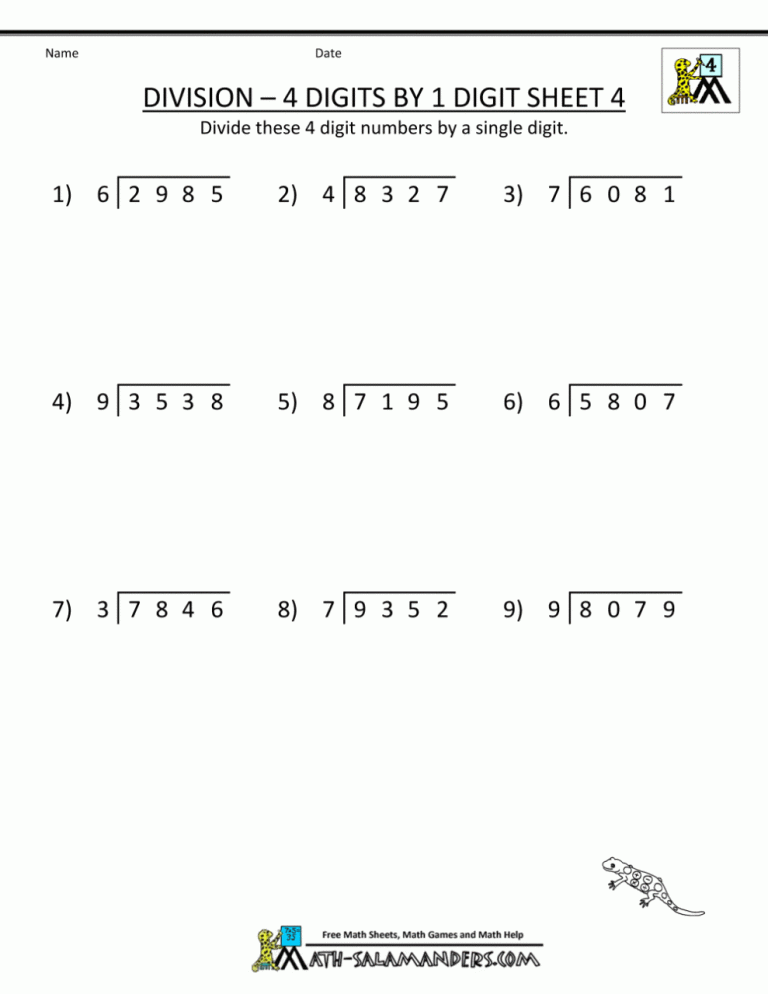 4th Grade Division Problems With Remainders