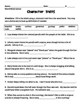 Characterization Worksheet Answers