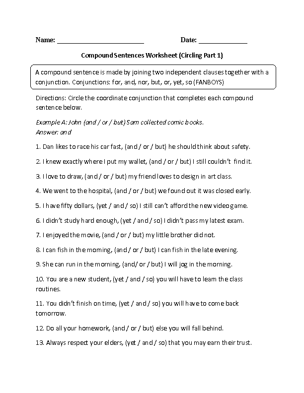 Compound Sentences Worksheet With Answers