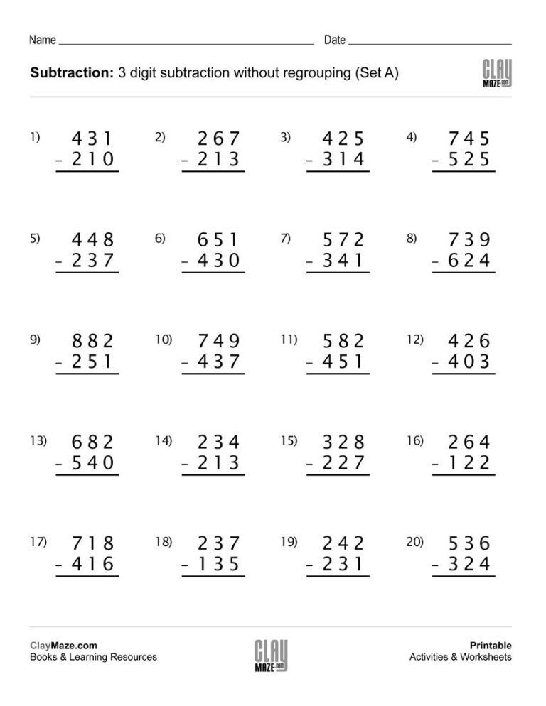 Subtraction Worksheets For Grade 1 With Borrowing