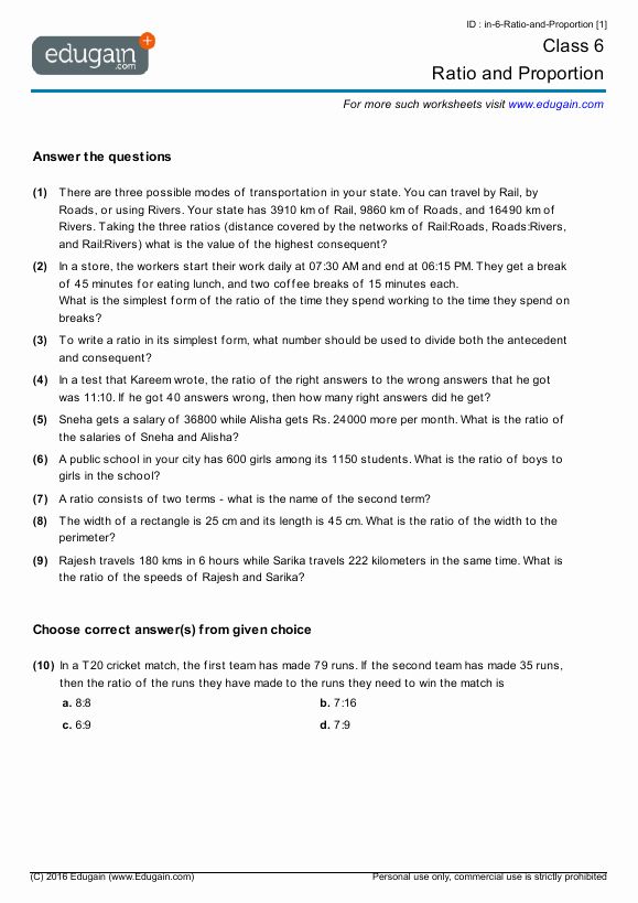 Maths Worksheets For Grade 6 Ratio And Proportion