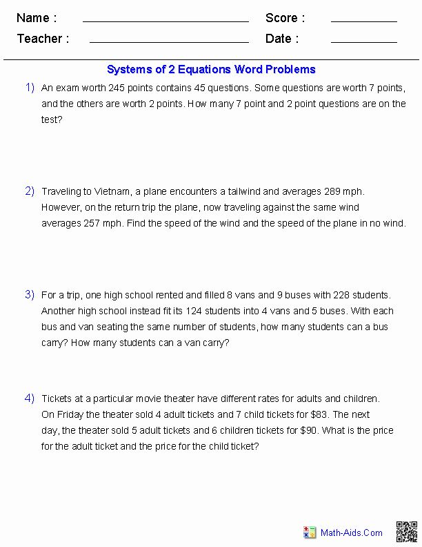 System Of Equations Worksheet With Answers