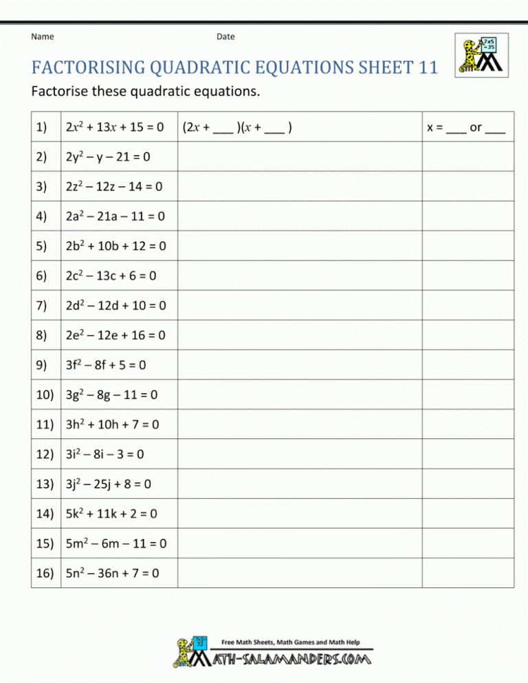 Quadratic Equation Worksheet Easy