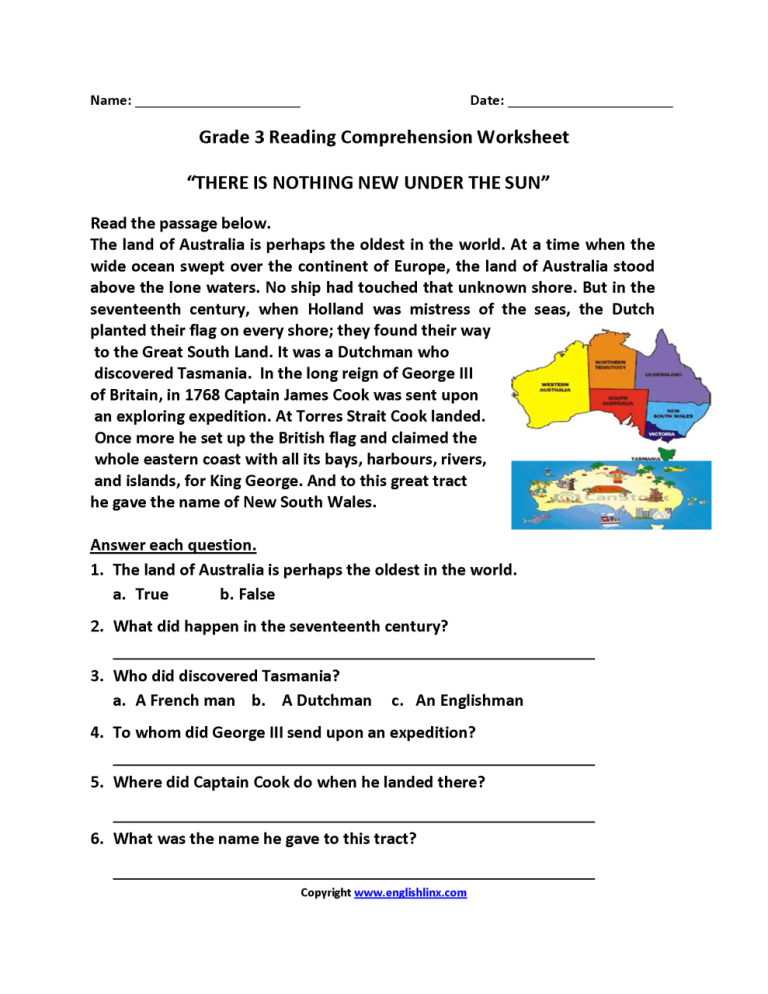 Comprehension Worksheets 3rd Grade