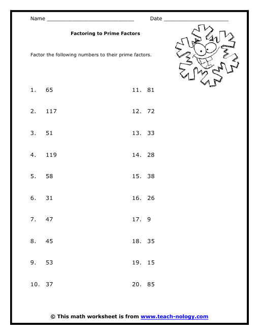 Prime And Composite Numbers Worksheet For Grade 6