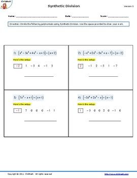 Polynomial Synthetic Division Worksheet