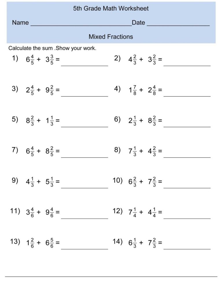 5th Grade Mixed Numbers Worksheets