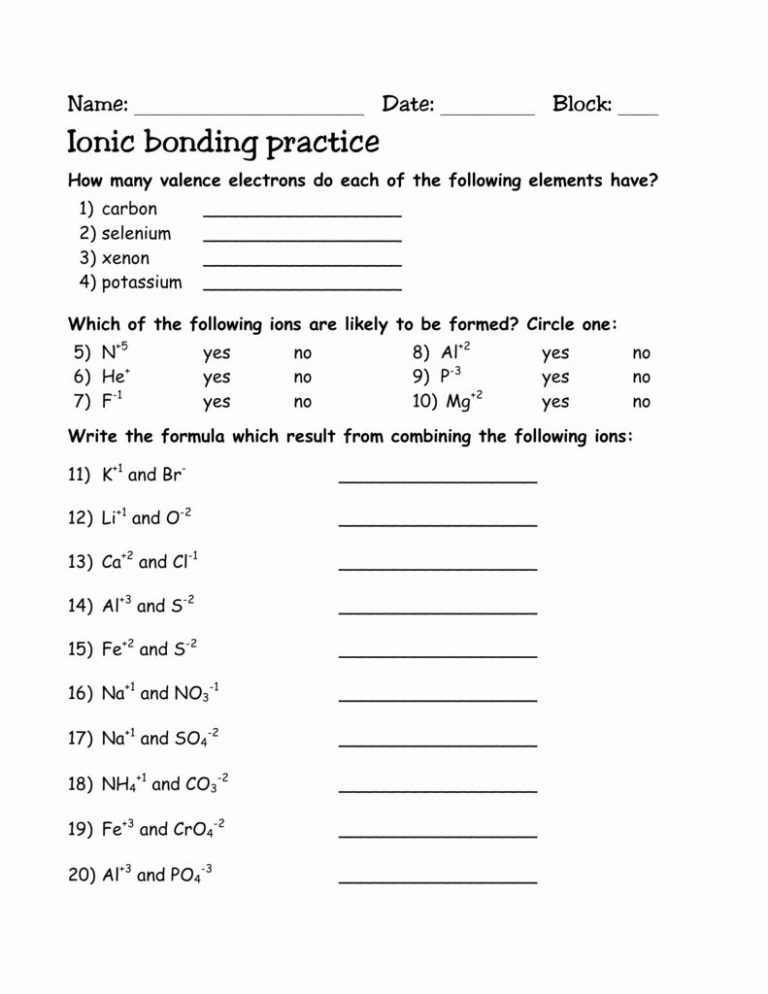 Ionic Bonding Worksheet Answers