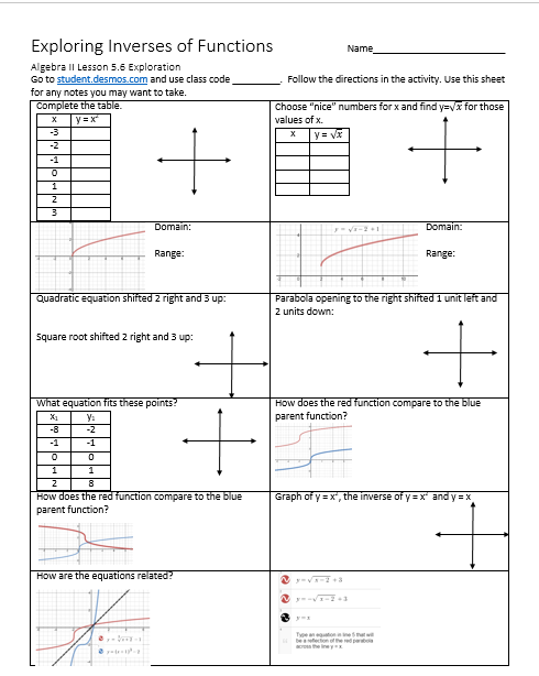 Graphing Inverse Functions Worksheet