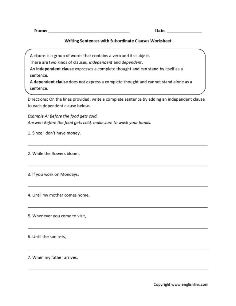 Independent And Dependent Clauses Worksheet Answer Key