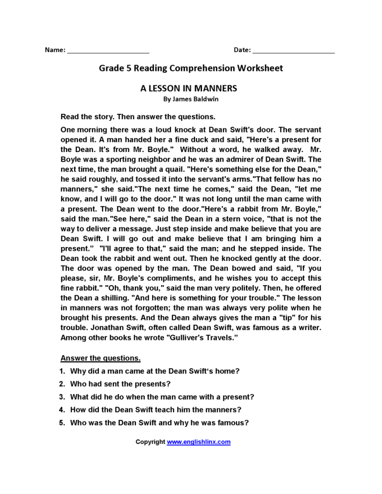 Free Reading Comprehension Worksheets 5th Grade